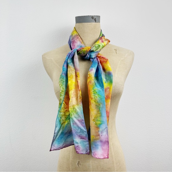 Karen Lyons Hand Painted Silk Scarf Multi Color Rainbow Pastel - Picture 1 of 5